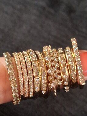 Gold Toned Rhinestone Stacking Ring Set Boho Midi Bands Lot